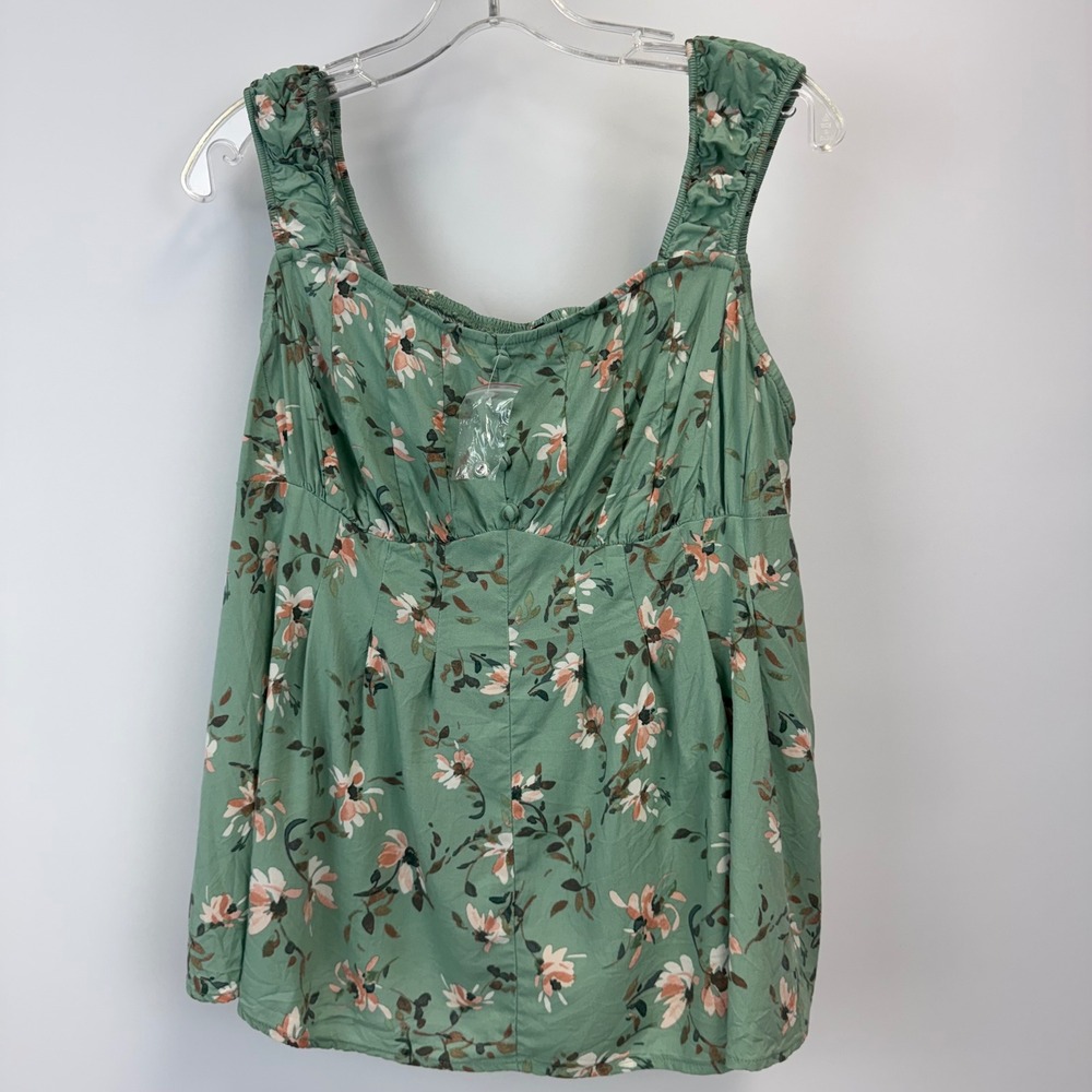 Torrid Green Floral Smocked Back Babydoll Sleeveless Blouse Top 00 L XL